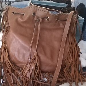 Patricia Nash Tan Fringe Drawstring Hobo Bag